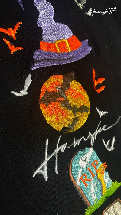 Halloween Embroidery T-shirt - Black