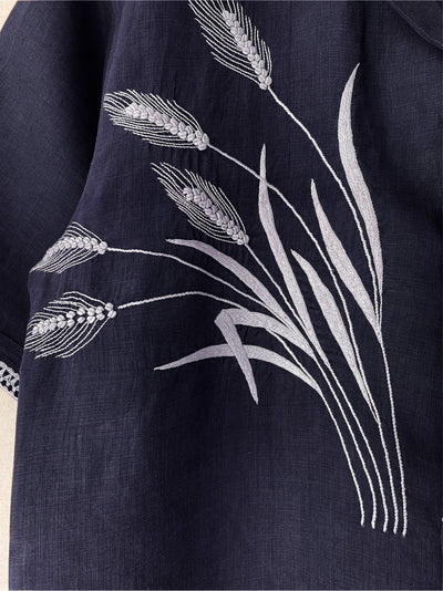 Houston Barley Navy Blue Embroidery Box Fit Shirt