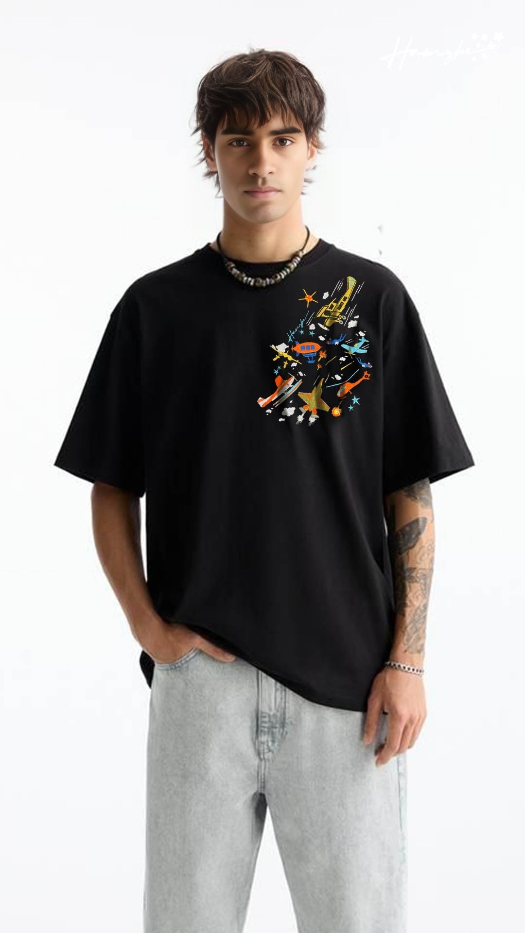 Air Planes Strike Embroidery T-shirt - Black