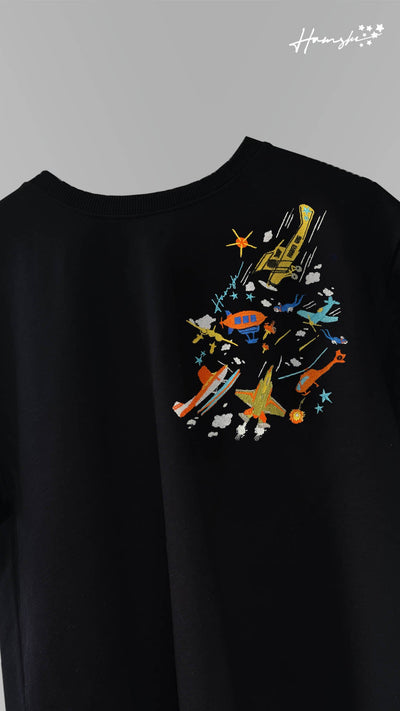 Air Planes Strike Embroidery T-shirt - Black