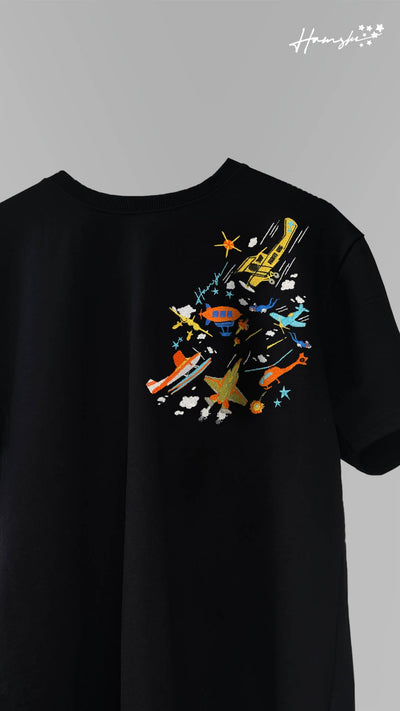 Air Planes Strike Embroidery T-shirt - Black