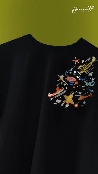 Air Planes Strike Embroidery T-shirt - Black