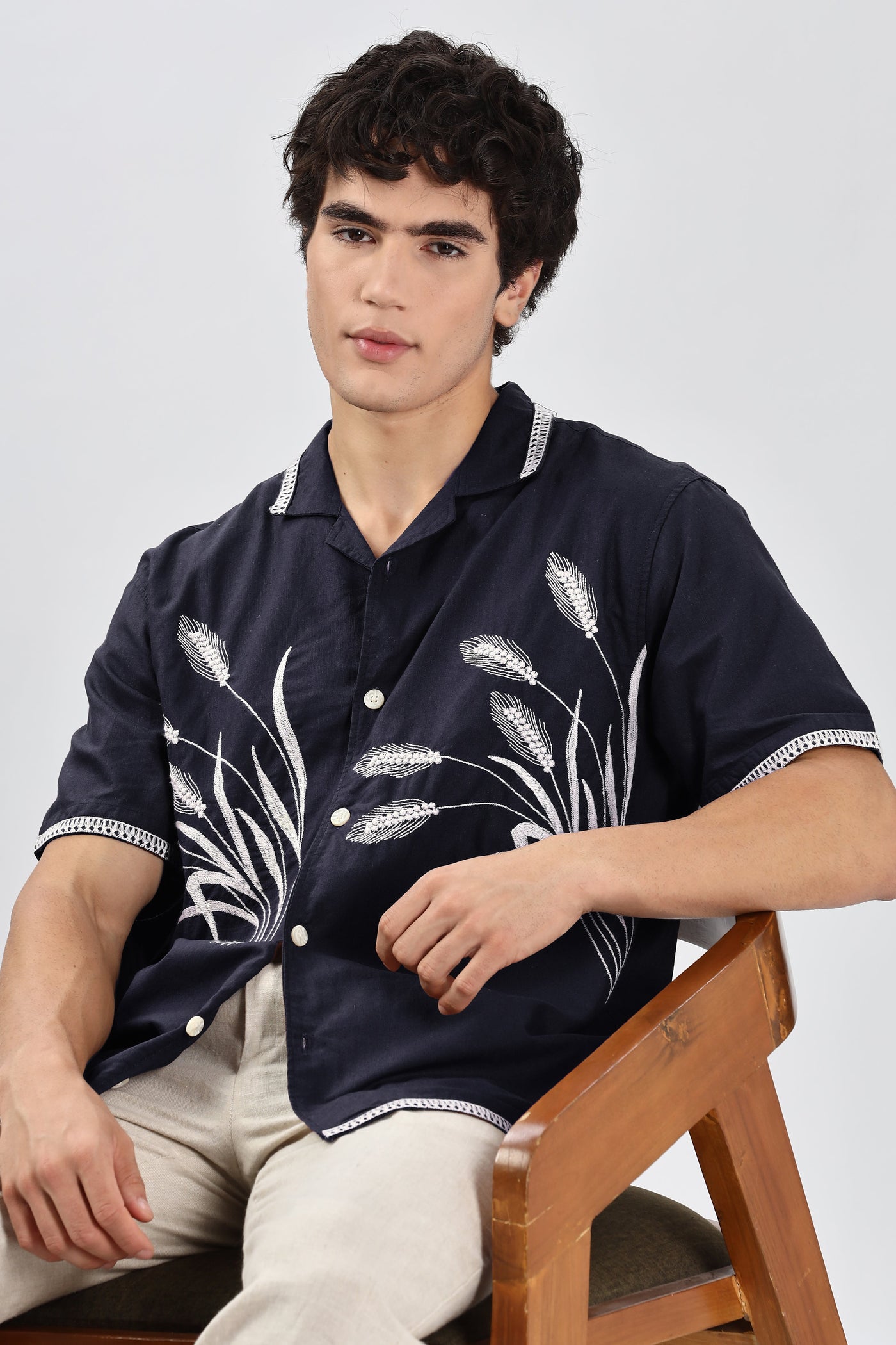 Houston Barley Navy Blue Embroidery Box Fit Shirt