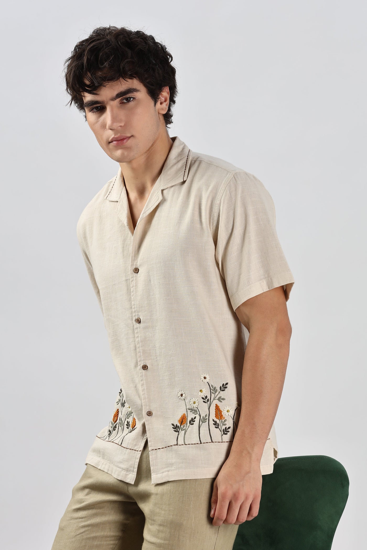Flowers & Whispers 100% Natural Beige Embroidery Shirt