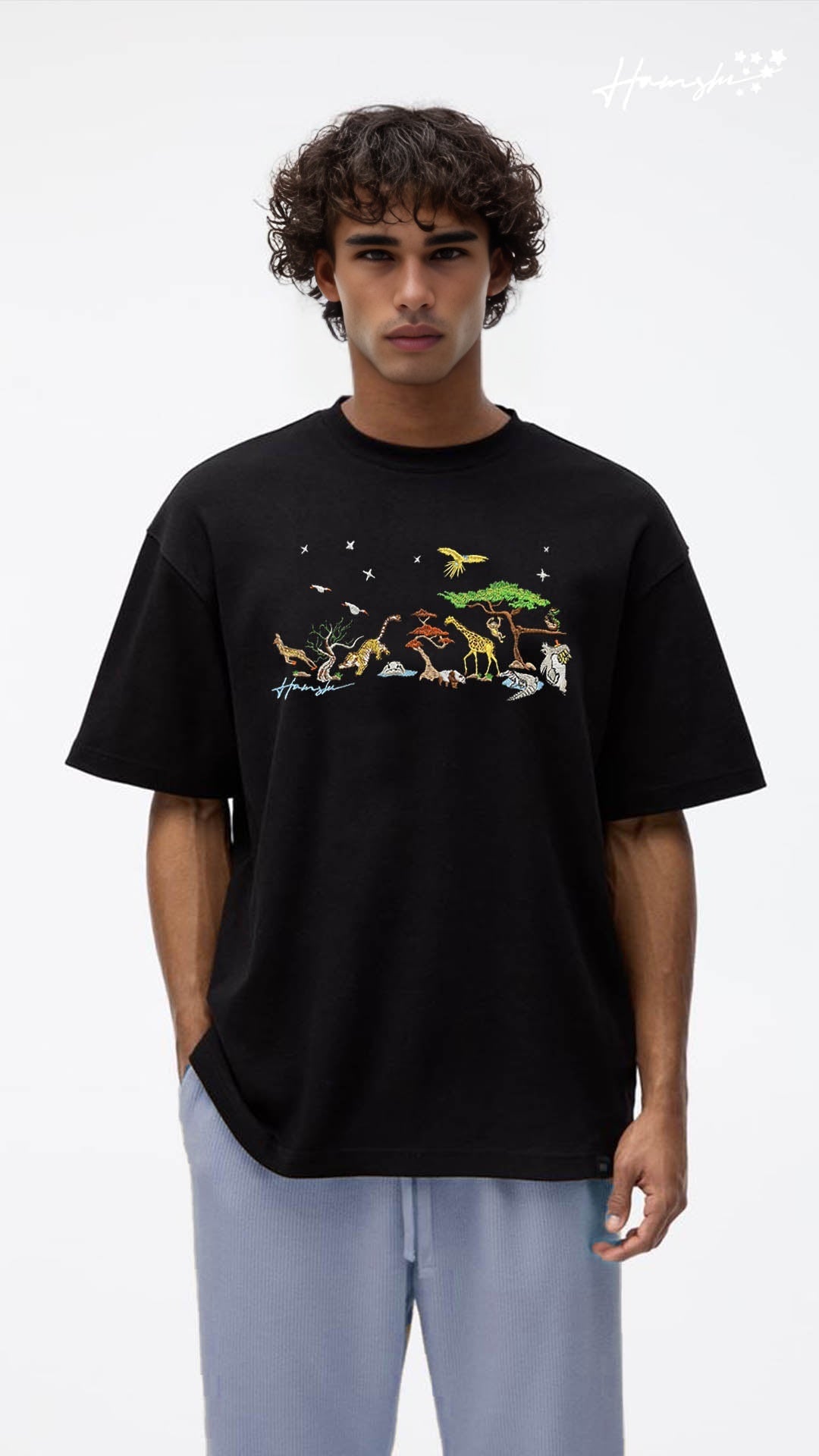 Wild Life Embroidery T-shirt - Black