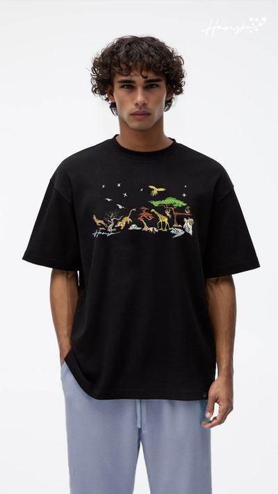 Wild Life Embroidery T-shirt - Black