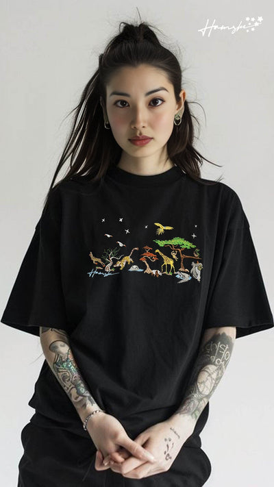 Wild Life Embroidery T-shirt - Black