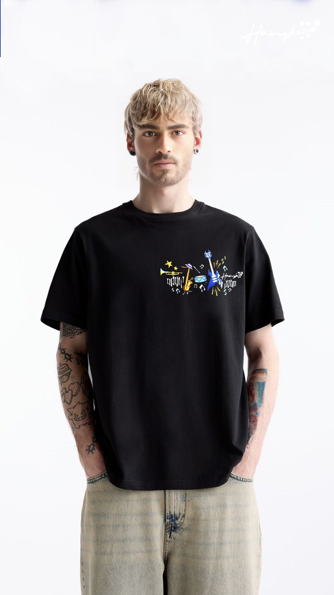 Music Embroidery T-shirt - Black