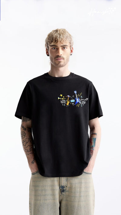 Music Embroidery T-shirt - Black