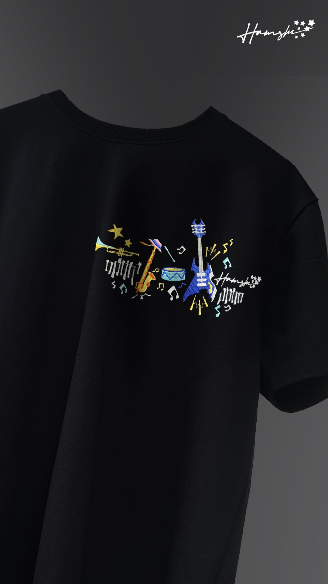 Music Embroidery T-shirt - Black