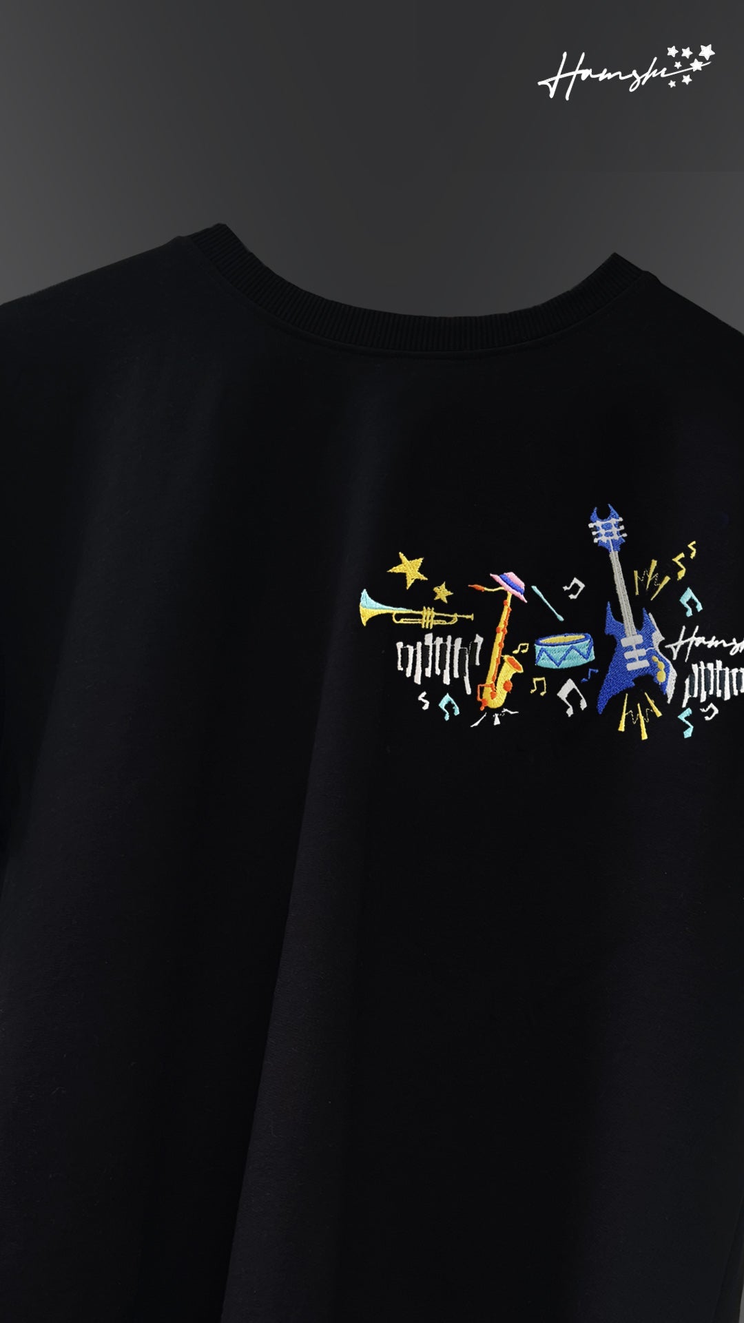 Music Embroidery T-shirt - Black