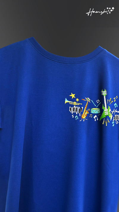 Music Embroidery T-shirt - Blue