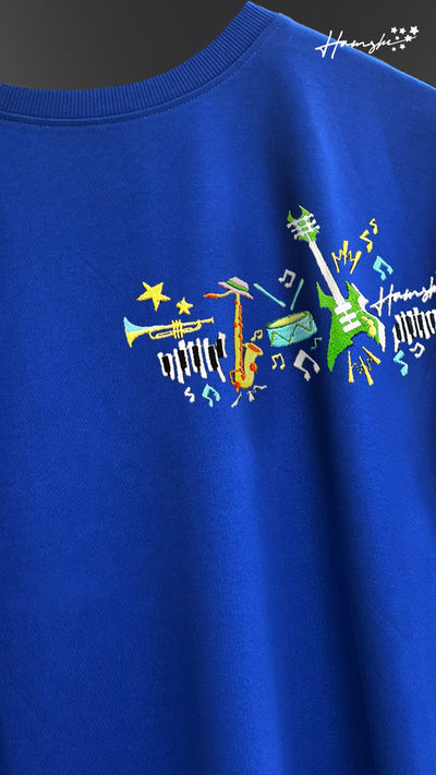 Music Embroidery T-shirt - Blue