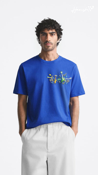 Music Embroidery T-shirt - Blue