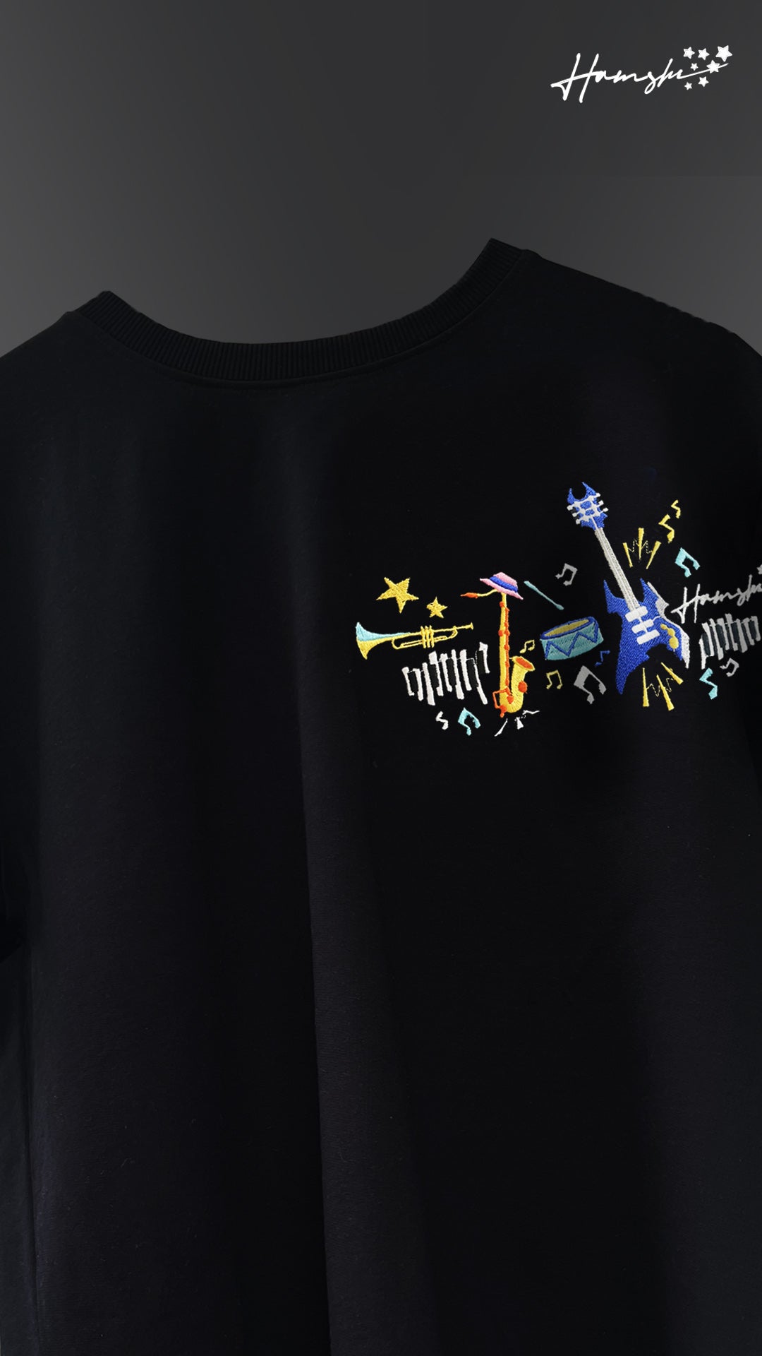 Music Embroidery T-shirt - Black