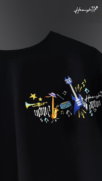 Music Embroidery T-shirt - Black