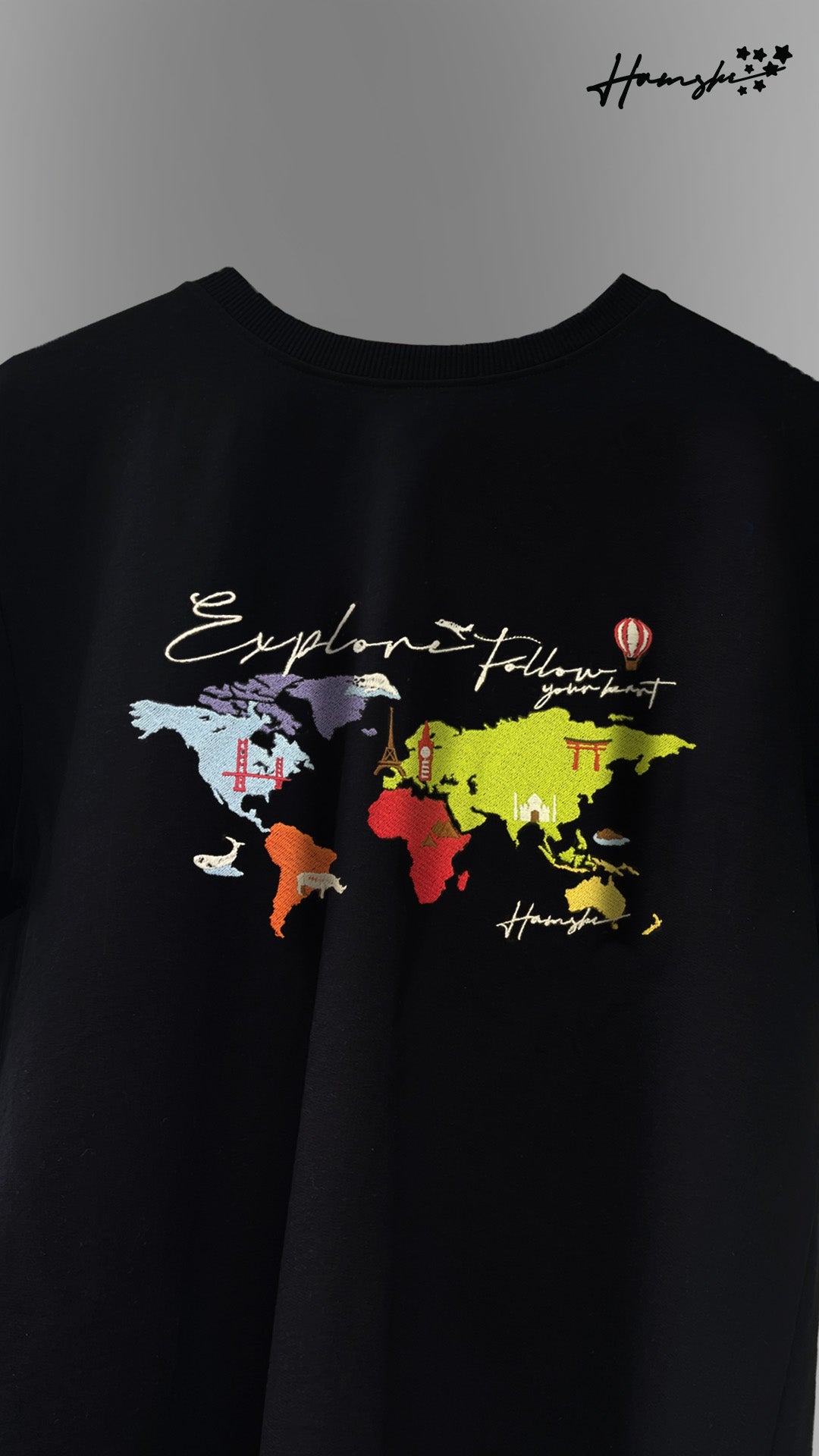 World Map  Embroidery T-shirt - Black