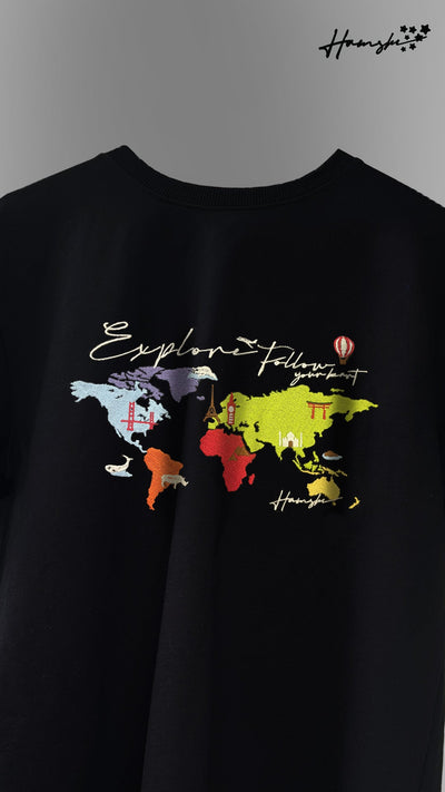 World Map  Embroidery T-shirt - Black