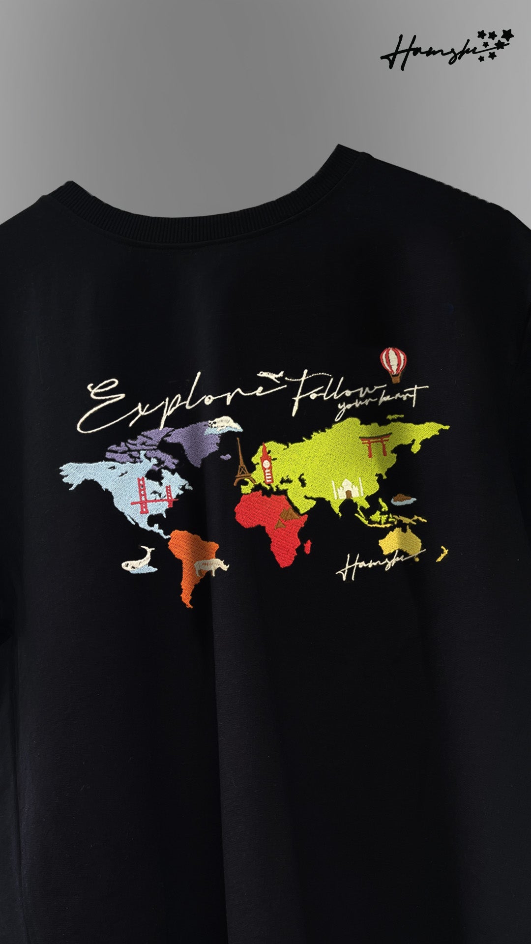 World Map  Embroidery T-shirt - Black