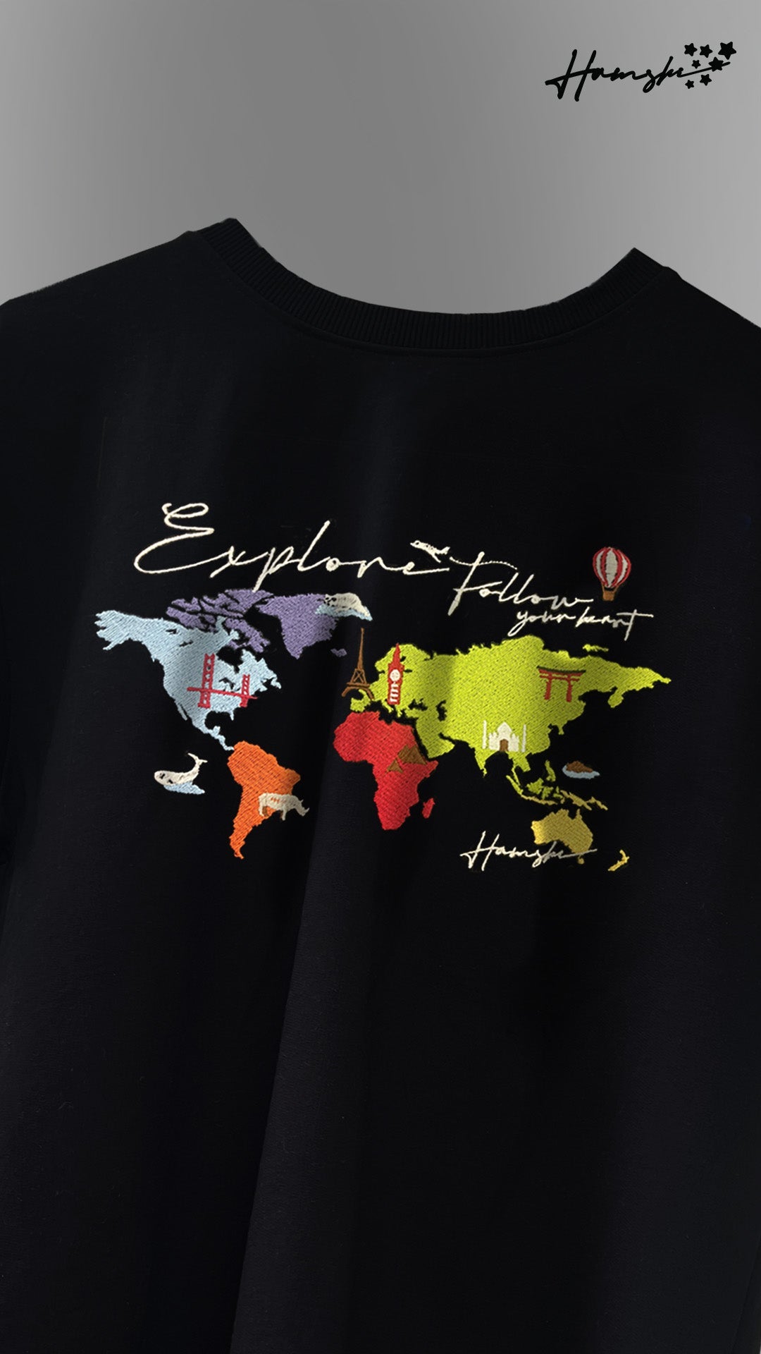 World Map  Embroidery T-shirt - Black