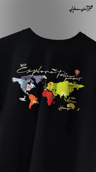 World Map  Embroidery T-shirt - Black