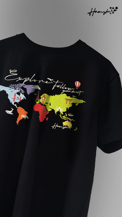 World Map  Embroidery T-shirt - Black