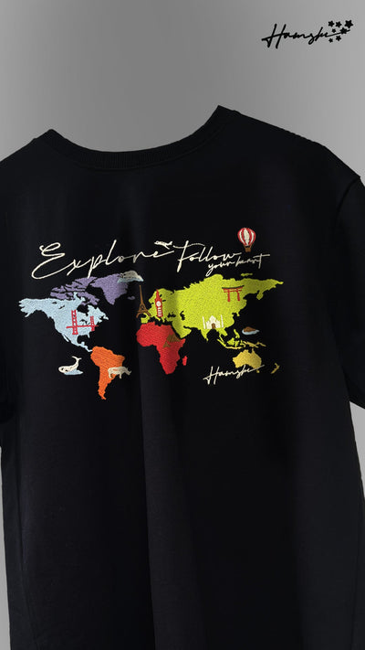 World Map  Embroidery T-shirt - Black