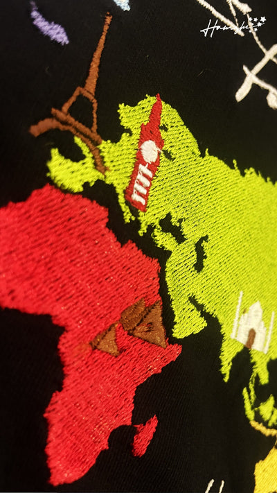 World Map Embroidery Hoodie - Black