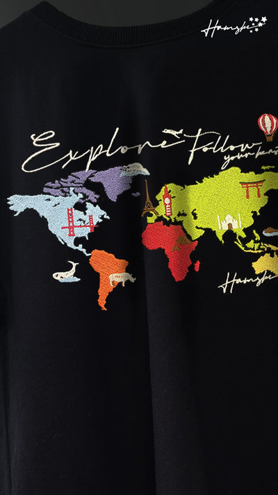 World Map  Embroidery T-shirt - Black