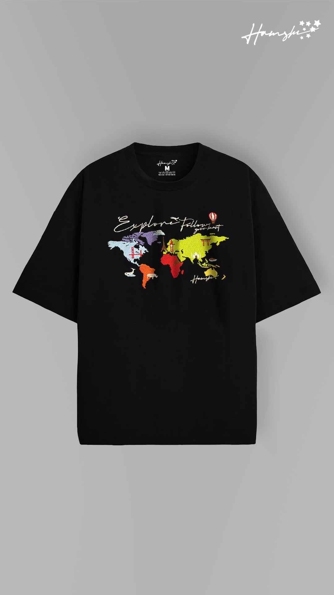 World Map  Embroidery T-shirt - Black