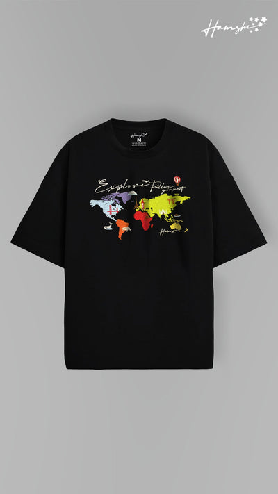 World Map  Embroidery T-shirt - Black