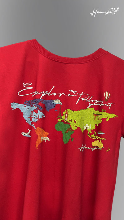 World Map Embroidery T-shirt - Red