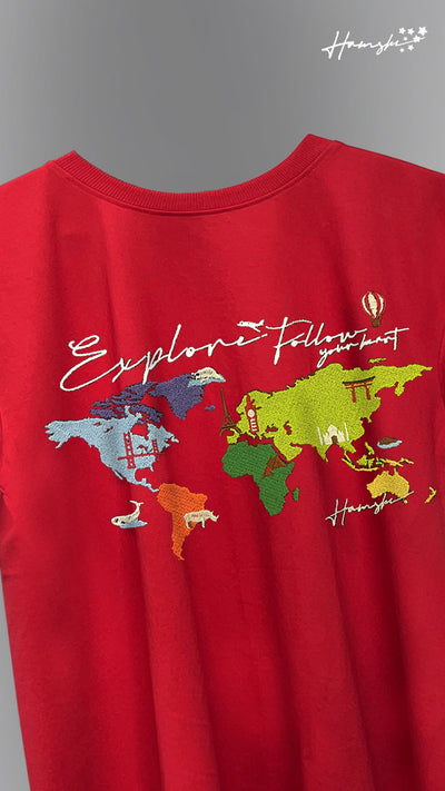 World Map Embroidery T-shirt - Red