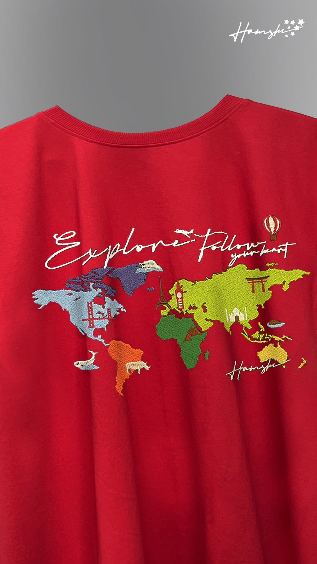 World Map Embroidery T-shirt - Red