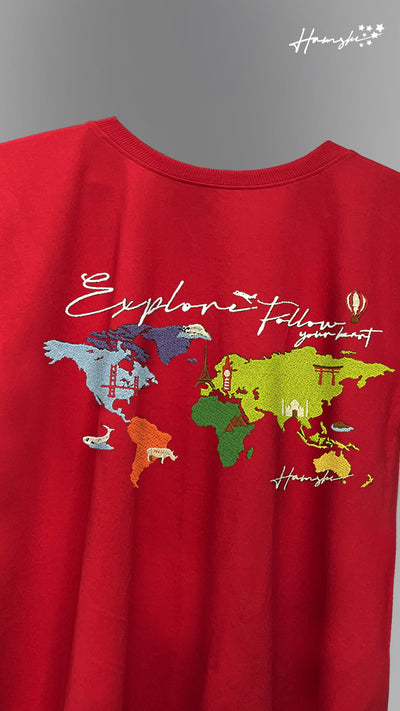 World Map Embroidery T-shirt - Red