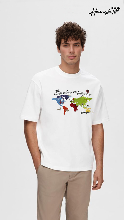 World Map Embroidery T-shirt - White