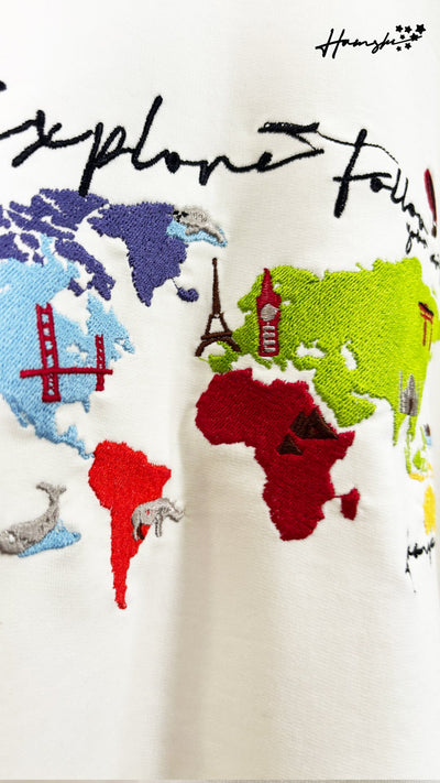 World Map Embroidery T-shirt - White