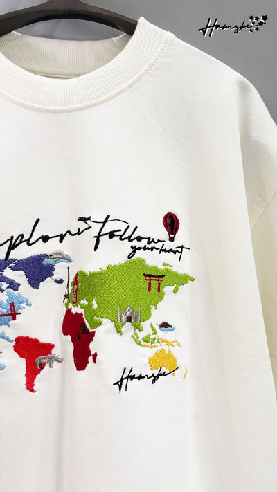 World Map Embroidery T-shirt - White