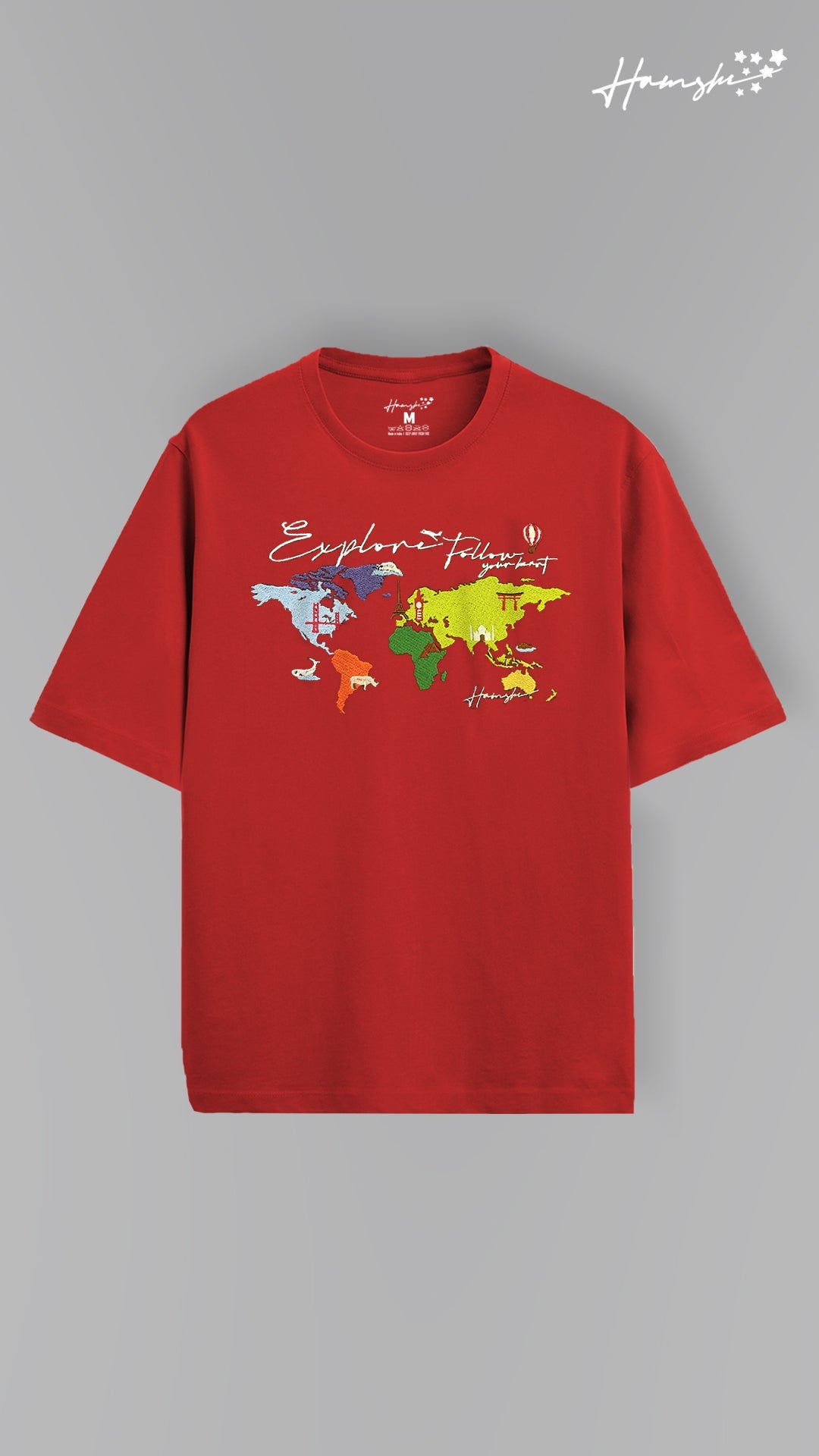 World Map Embroidery T-shirt - Red