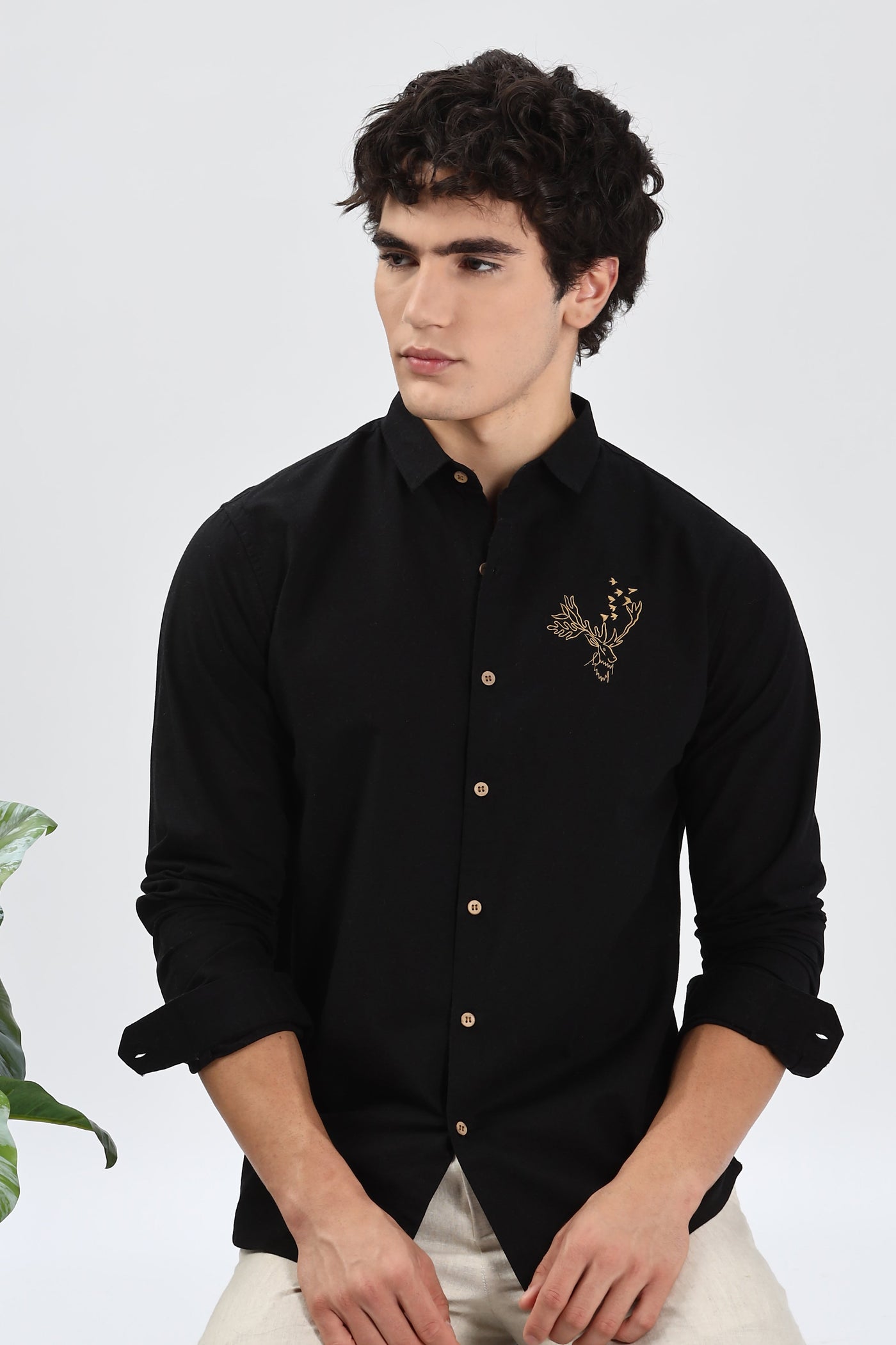 Arctic Reindeer Black Embroidery Shirt