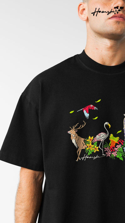 Jungle Biodiversity Embroidery T-shirt - Black