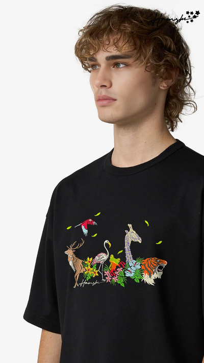 Jungle Biodiversity Embroidery T-shirt - Black