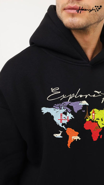 World Map Embroidery Hoodie - Black
