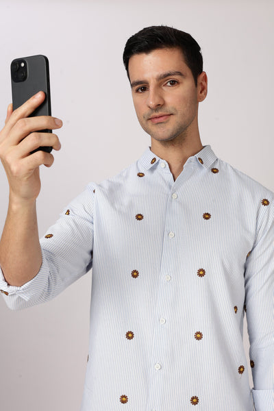 Sunlit Bloom Embroidered Striped Shirt