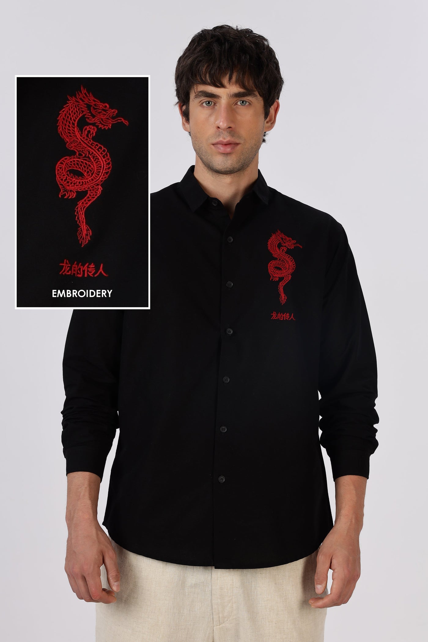 Crimson Dragon Cotton Regular Fit Black Embroidered Shirt
