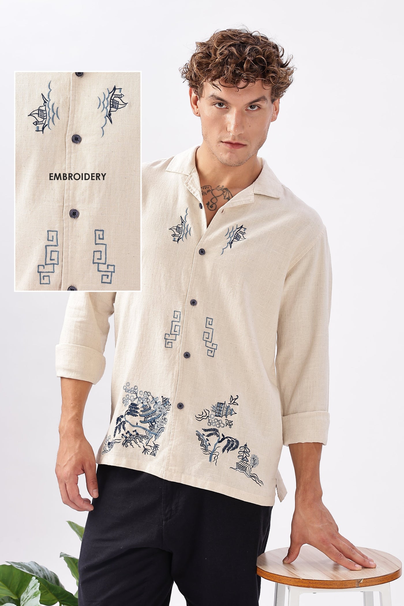 Eastern Wind Cotton Linen Landscape Embroidery Shirt