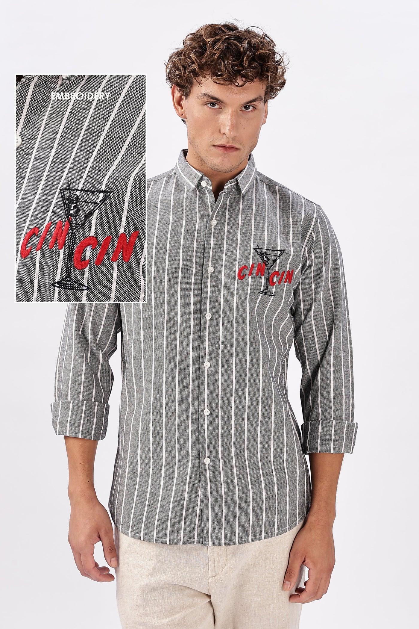 Cin-Cin Nights Embroidered Grey Stripe Shirt