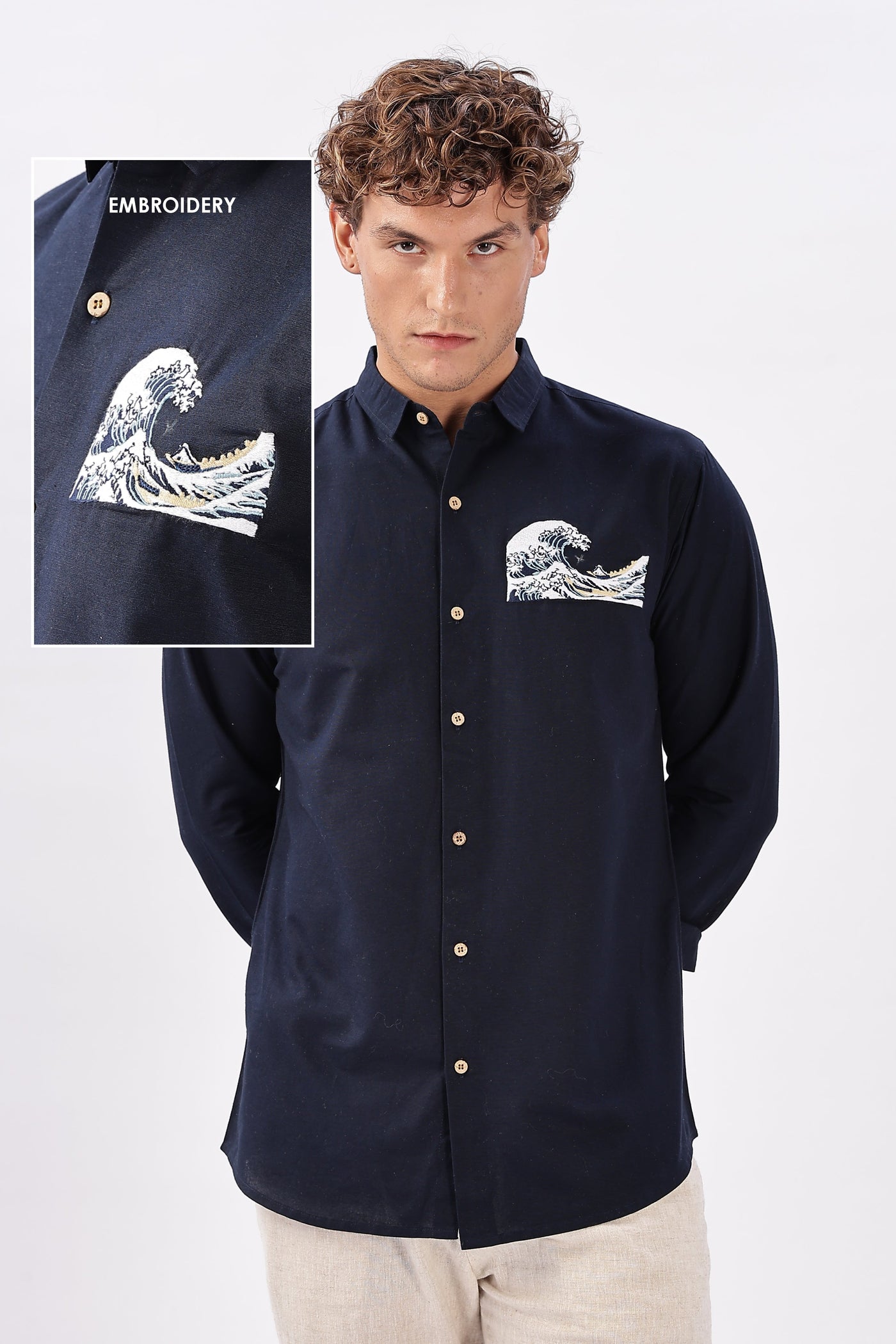 The 'Turtle Cove' Wave Blue Embroidery Shirt