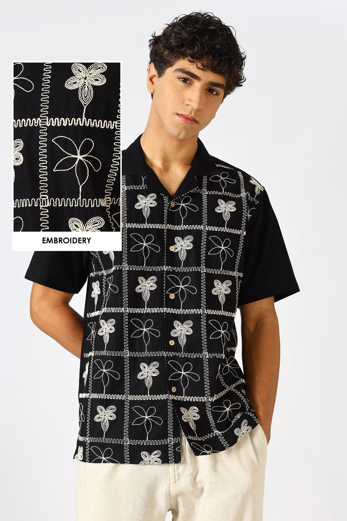 Starlit Petal Embroidered Cuban Collar Shirt