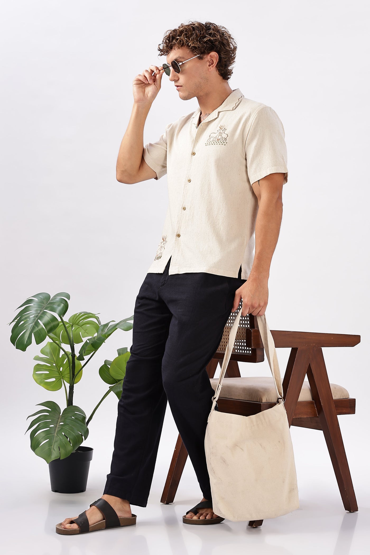 Atlantic Beige Muntjac Box Fit Embroidery Shirt